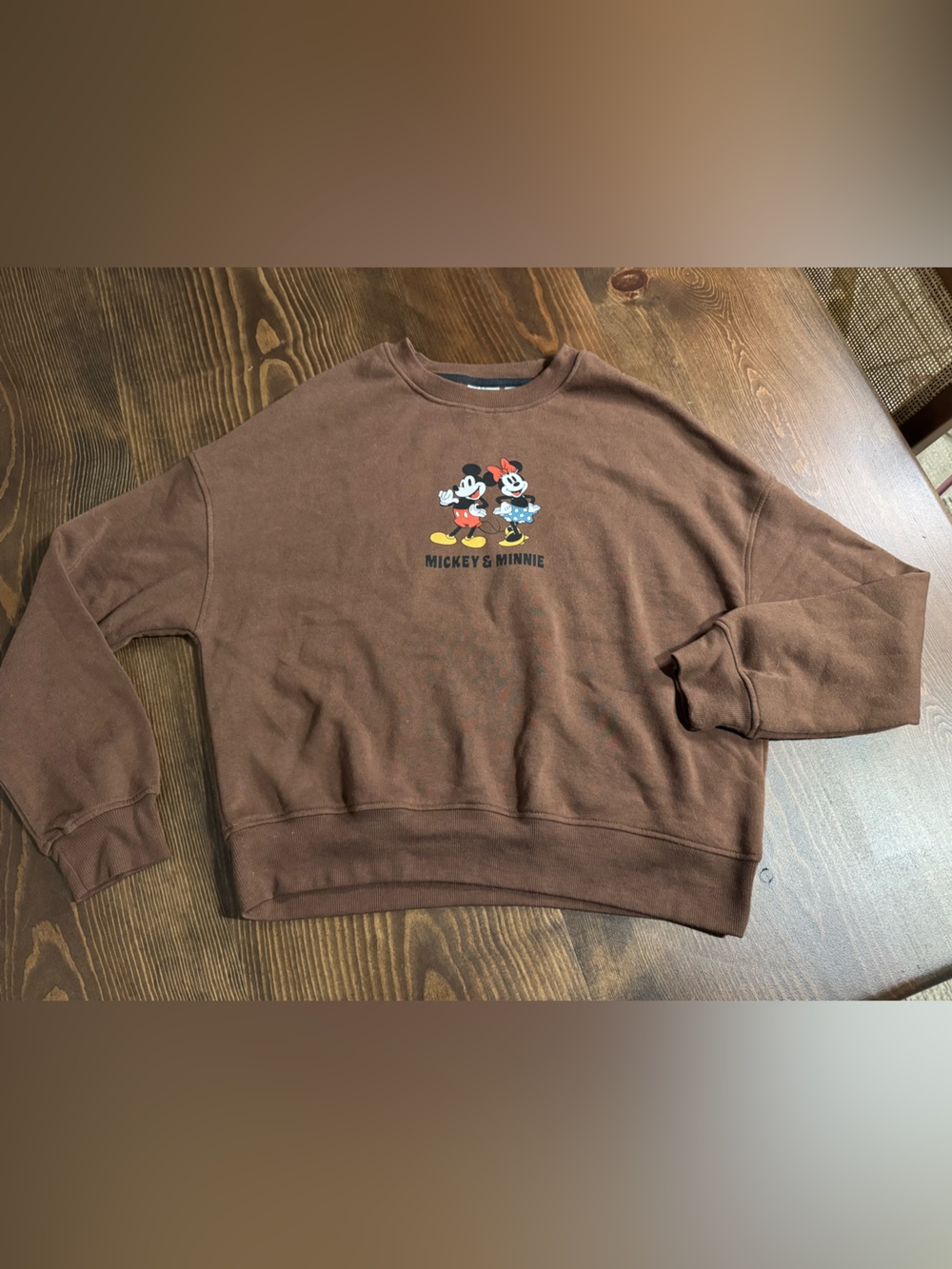 Disney Brown Crewneck Sweatshirt with Mickey & Minnie Graphic